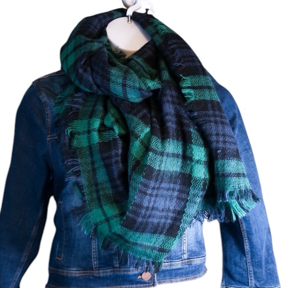 Green & Blue Plaid Scarf – Oversized Blanket Wrap 58” x 56” - Picture 4 of 6